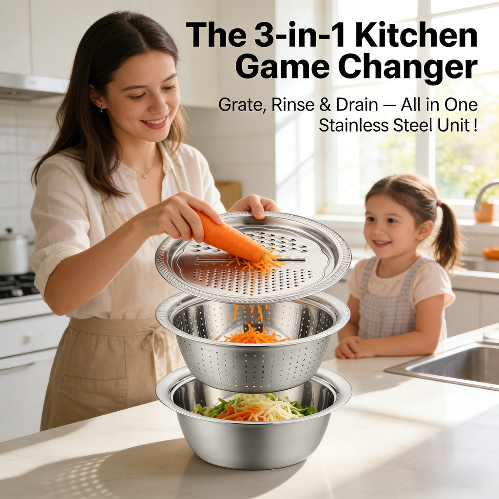 🍴 German Quality 3-in-1 Stainless Steel Grater Bowl