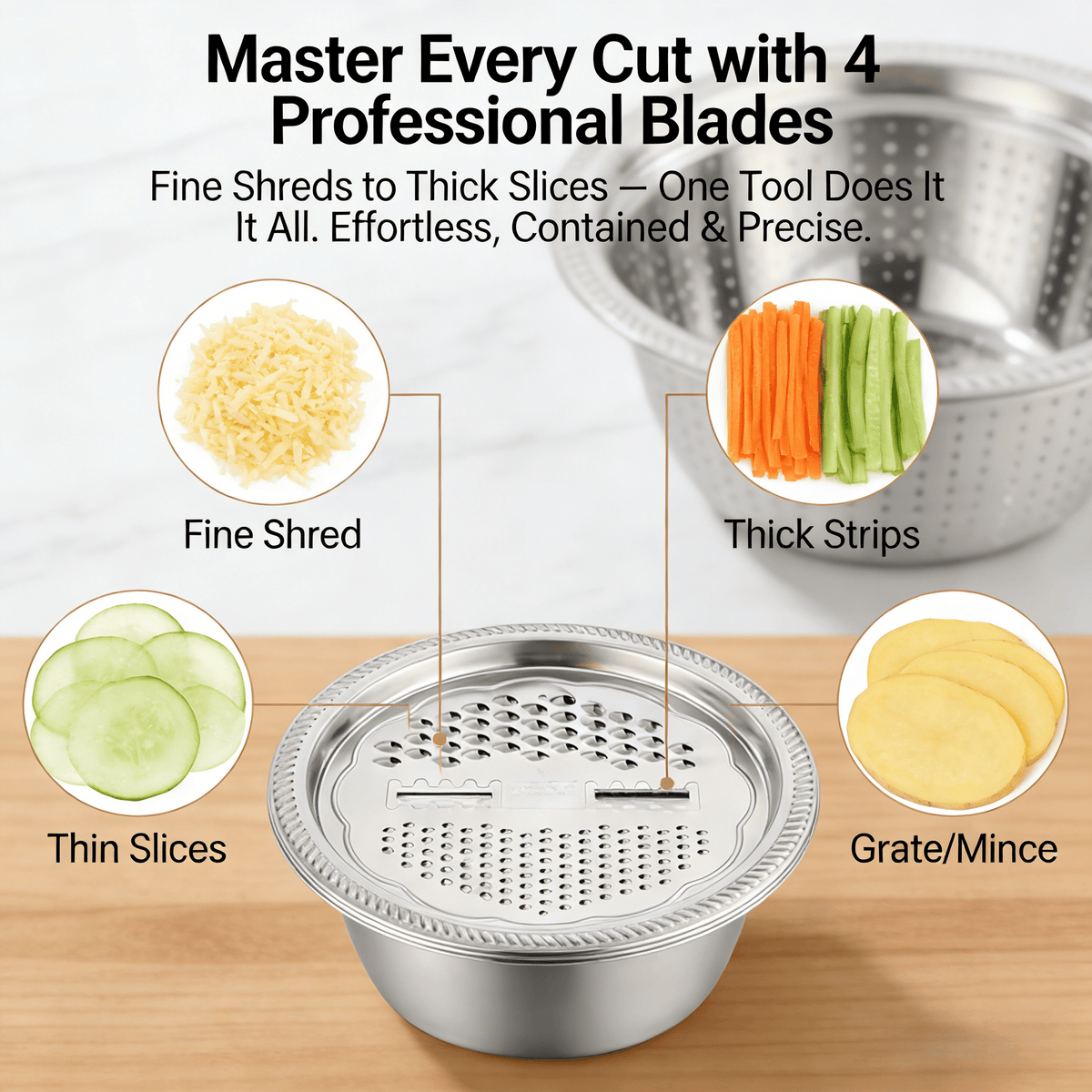 🍴 German Quality 3-in-1 Stainless Steel Grater Bowl