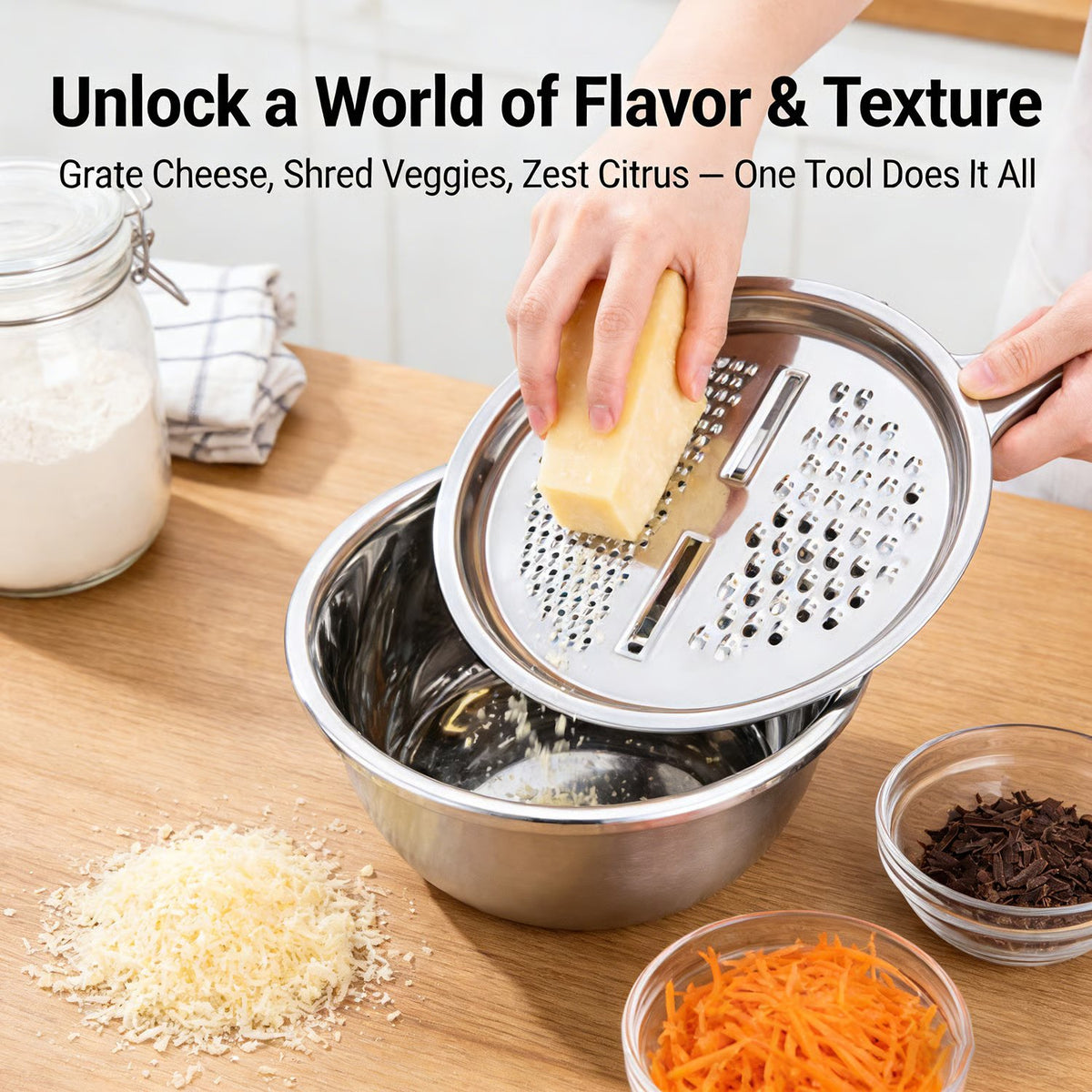 🍴 German Quality 3-in-1 Stainless Steel Grater Bowl